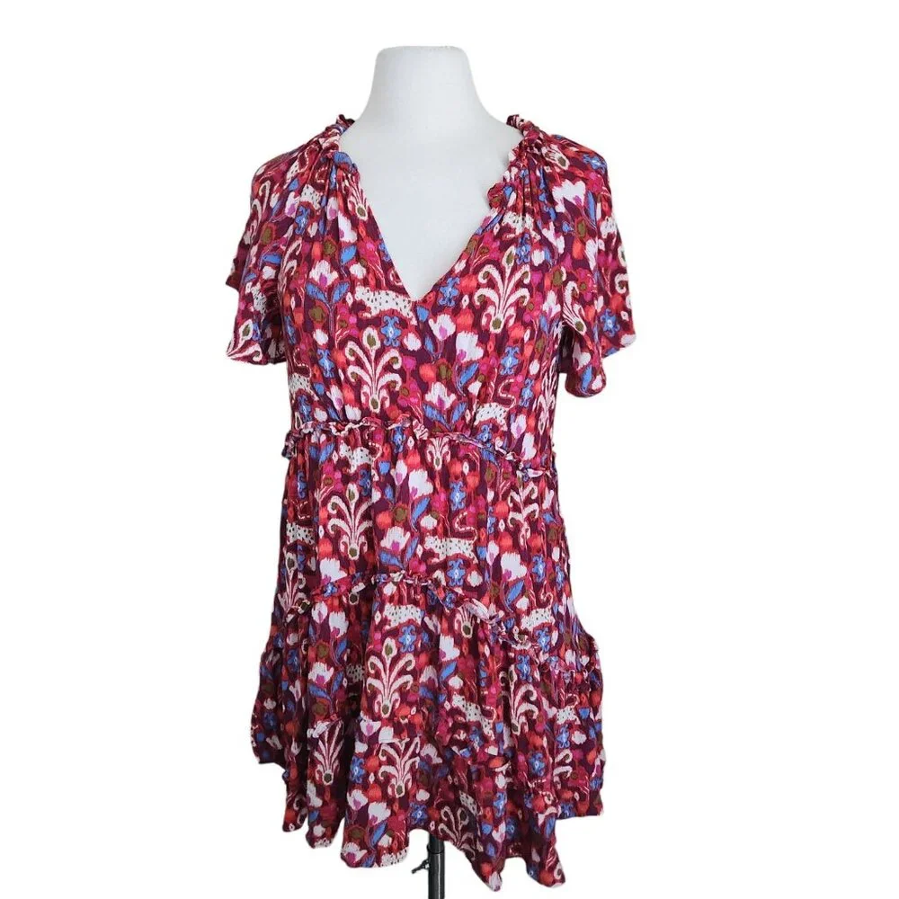 Anthropologie Robin Floral Ruffle Tiered Mini Dress Size XS‎ Oversized Pink Red